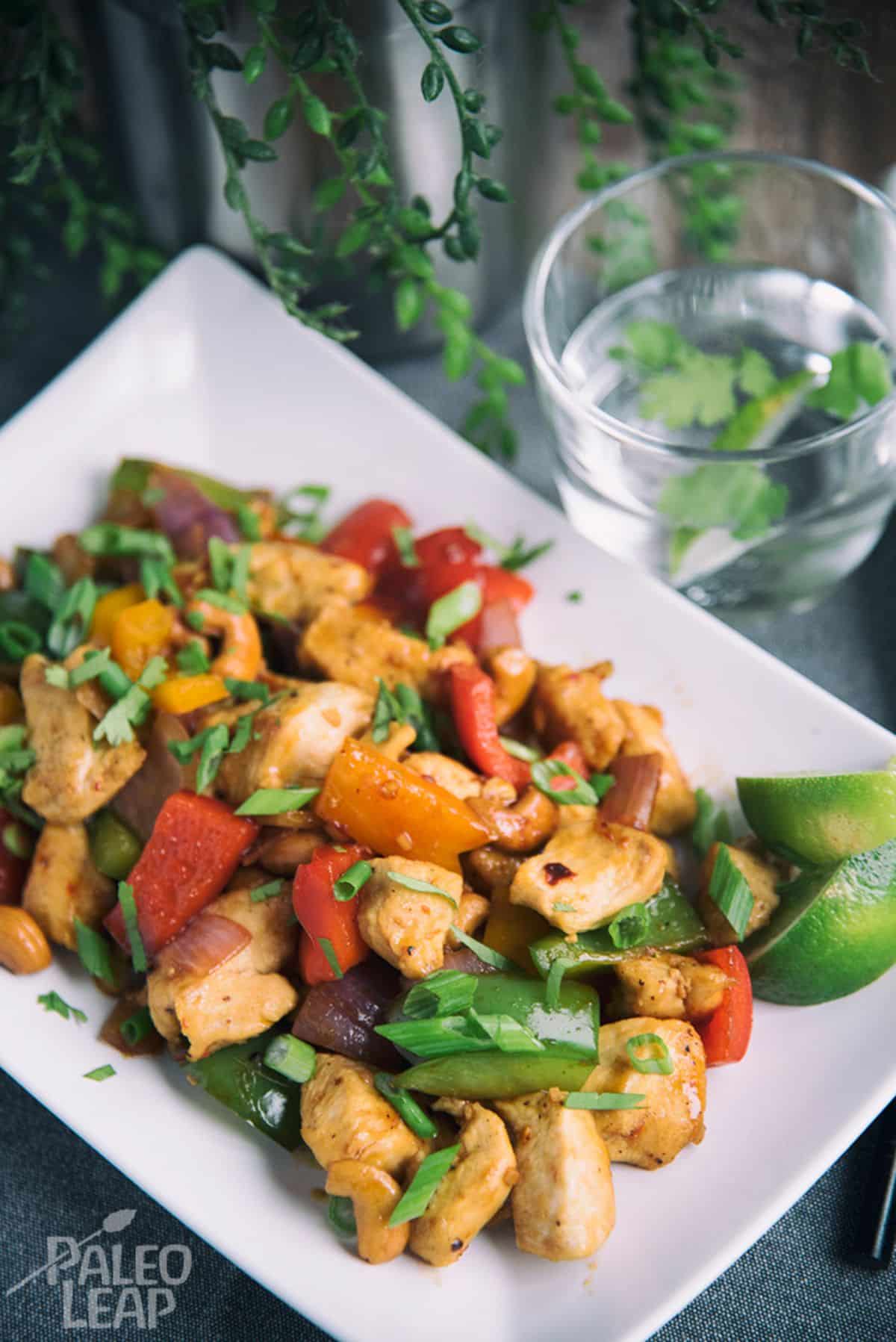 Thai Chicken and Roasted Cashews on a white plate.